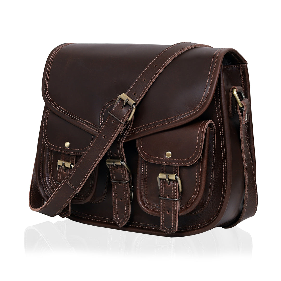 Brown leather satchel bag on a white background