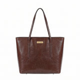 A dark brown faux-leather tote bag with dual shoulder straps and a small gold-tone 'CAVERO' brand plaque on the front, shown against a plain white background.