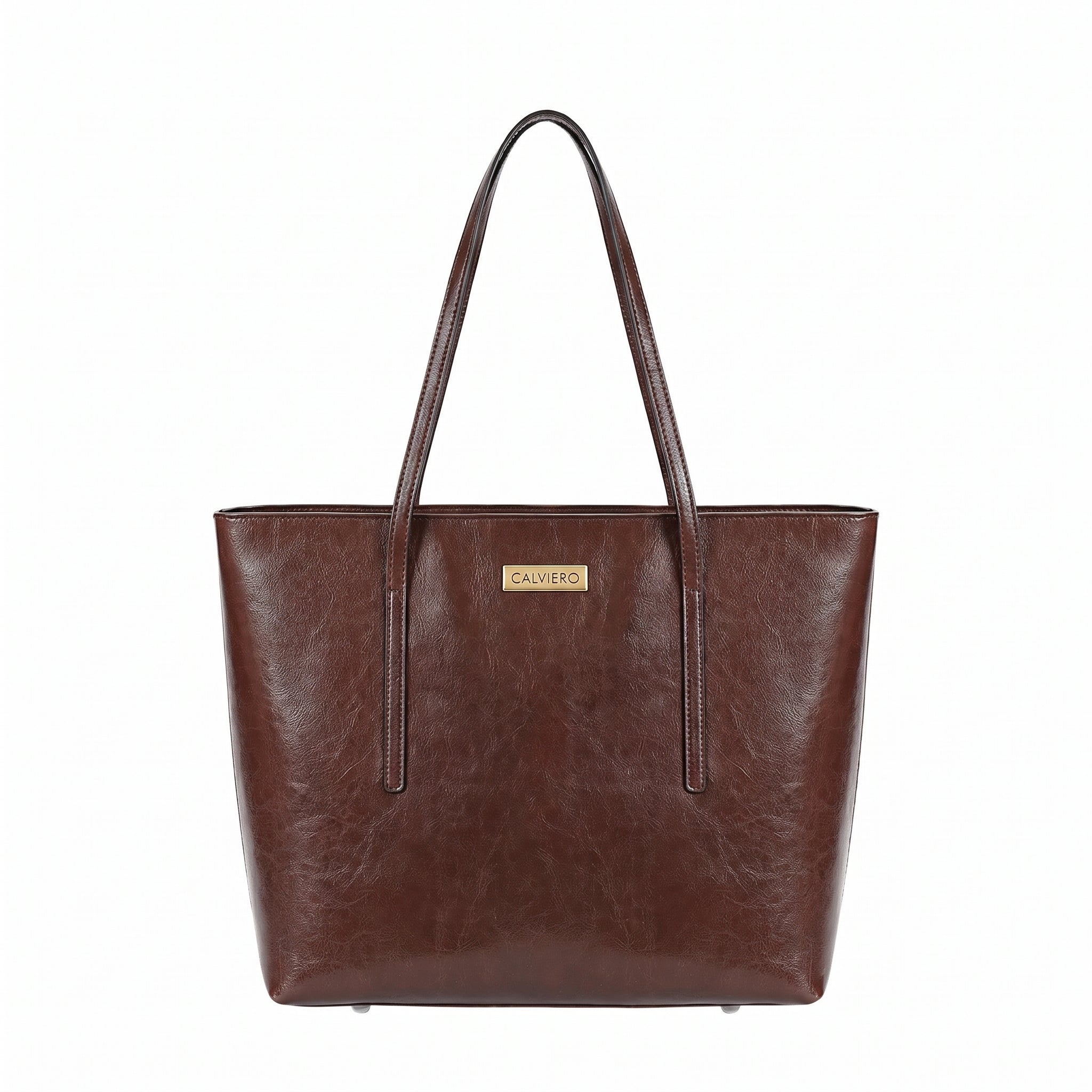 A dark brown faux-leather tote bag with dual shoulder straps and a small gold-tone 'CAVERO' brand plaque on the front, shown against a plain white background.