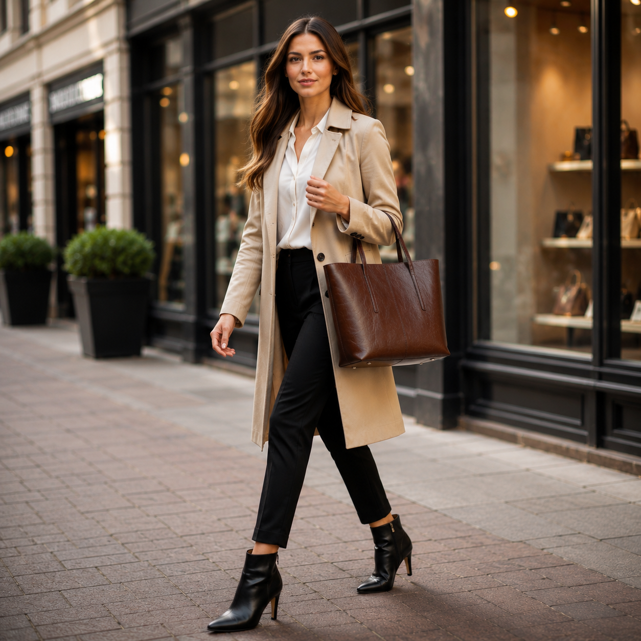 Woman in a beige coat and black pants walking on a city street.