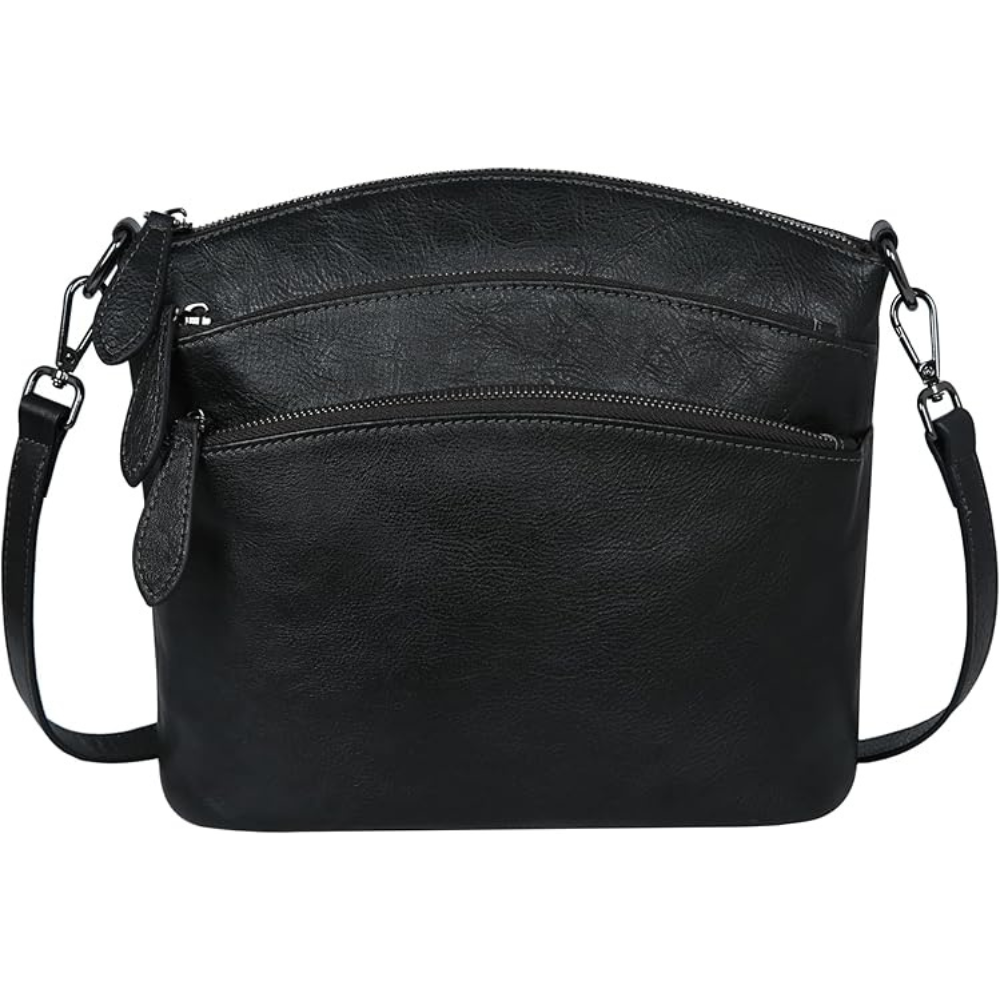 Black leather crossbody bag on a white background