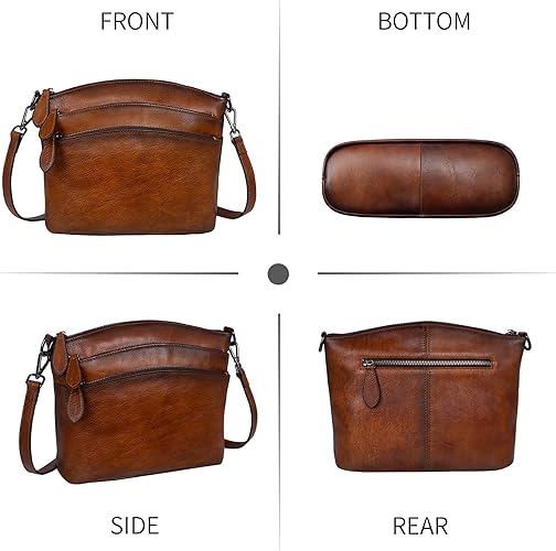 Brown leather handbag shown from front, bottom, side, and rear angles on a white background.