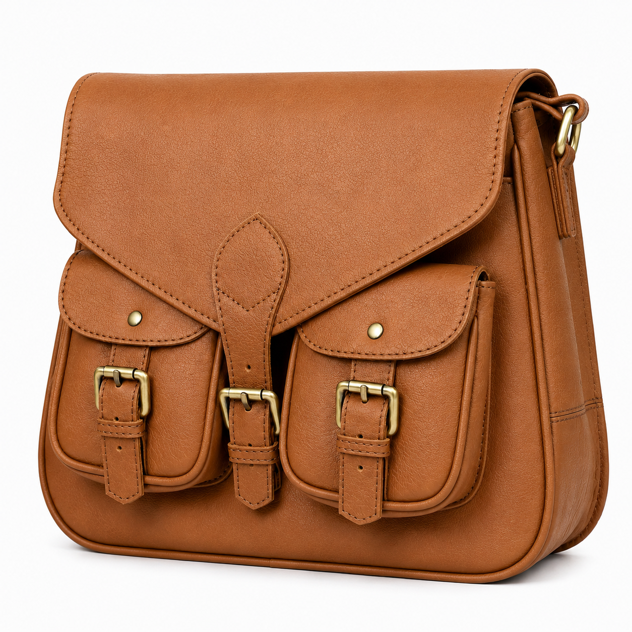 Brown leather satchel bag with gold buckles on a white background