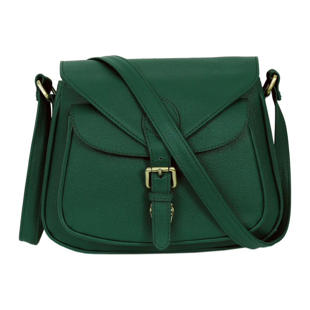 Green leather bag with a strap on a white background