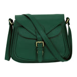 Green leather bag with a strap on a white background