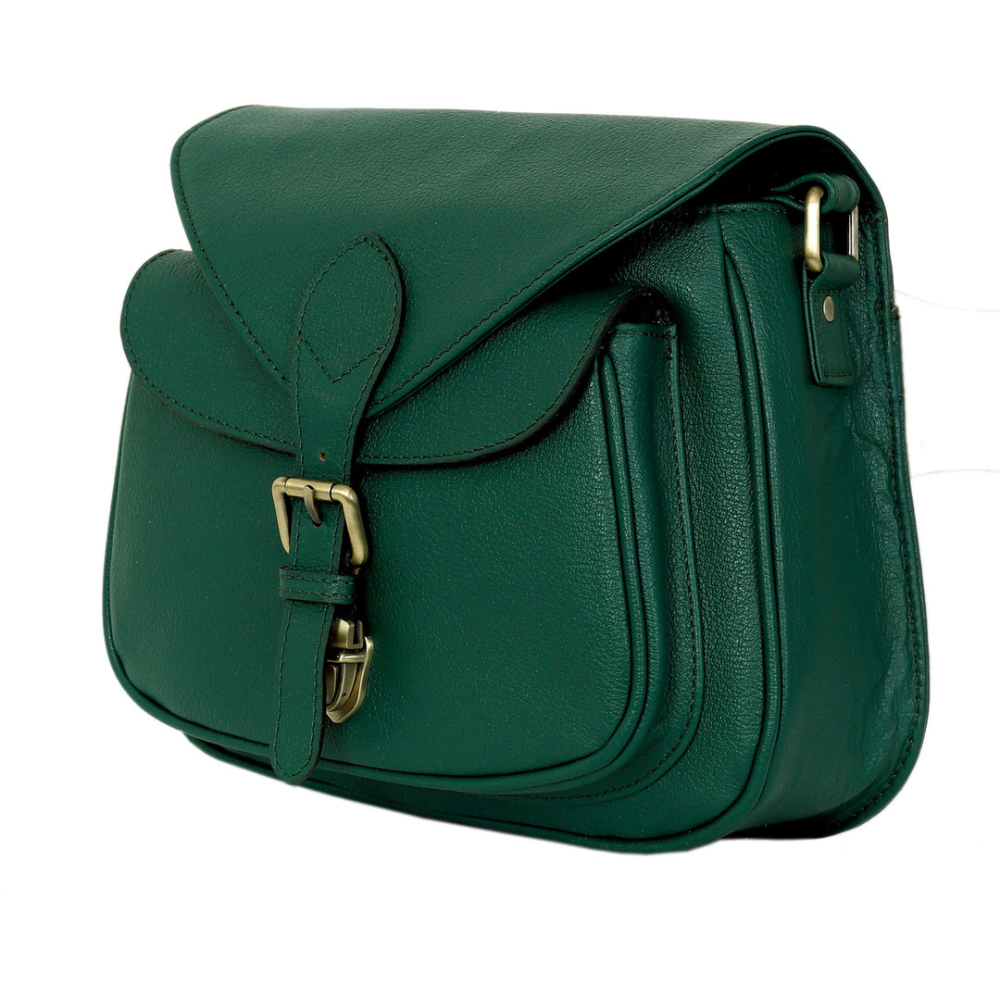 Green leather bag with a buckle on a white background