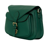 Green leather bag with a buckle on a white background
