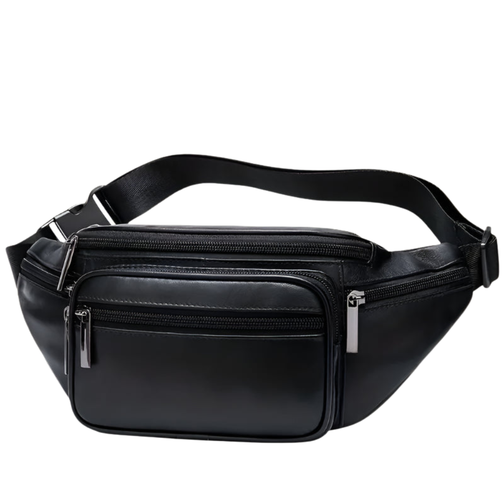 Black leather waist bag with multiple zippers on a white background