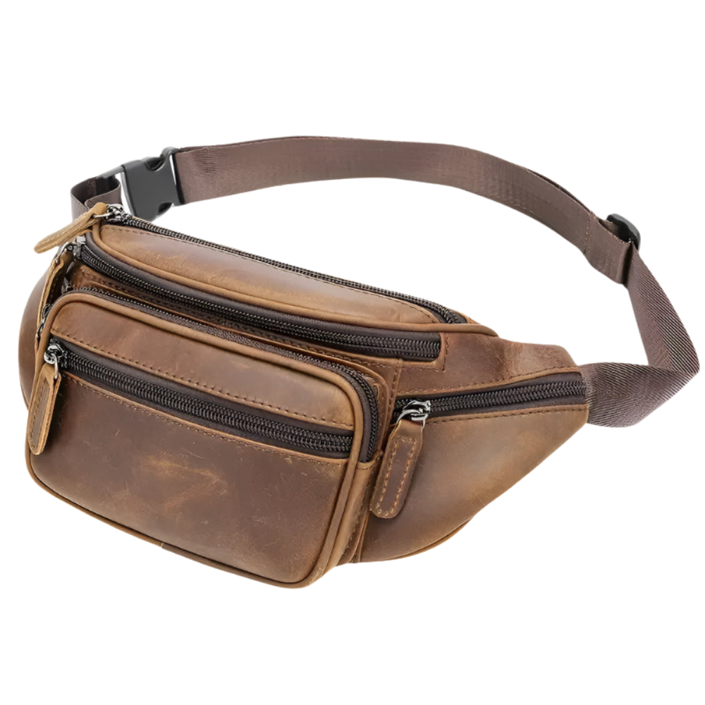 Brown leather waist bag with multiple zippers on a white background