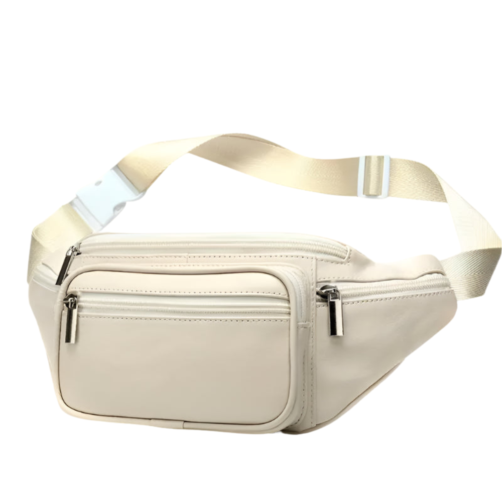 Beige waist bag with multiple zippers on a white background