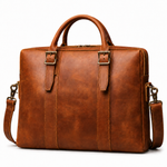 Brown leather briefcase with gold hardware on a white background
