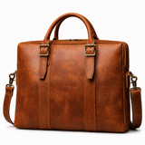 Brown leather briefcase with gold hardware on a white background