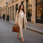 Woman in a beige trench coat and pants walking down a city street.