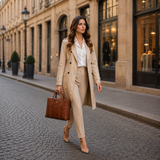Woman in a beige trench coat and pants walking down a city street.
