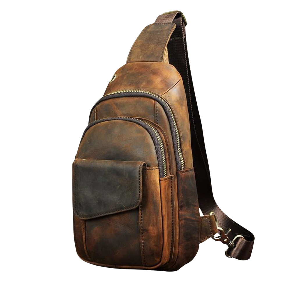 Brown leather sling bag on a white background