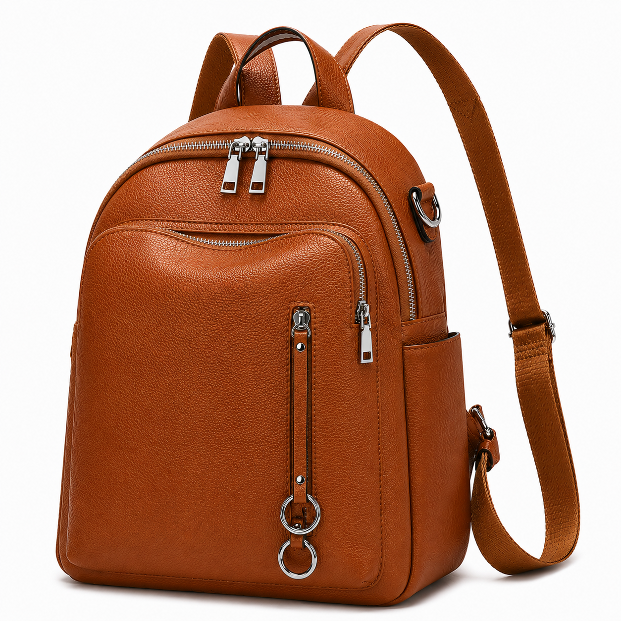 Brown leather backpack with multiple zippers on a white background