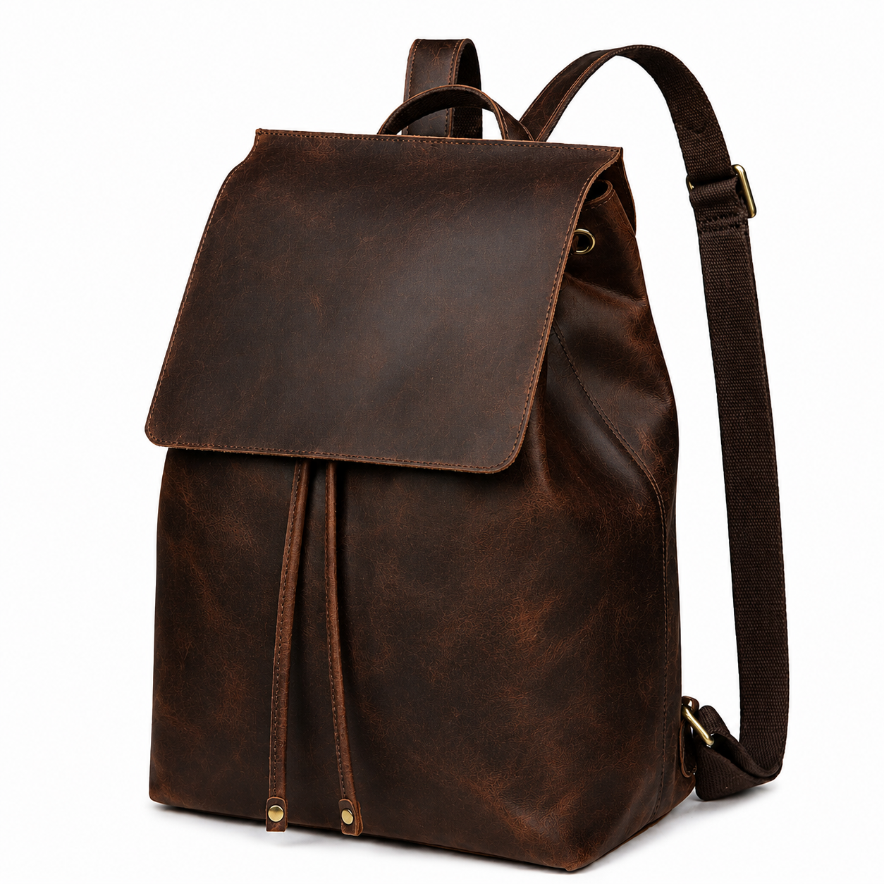 Brown leather backpack on a white background