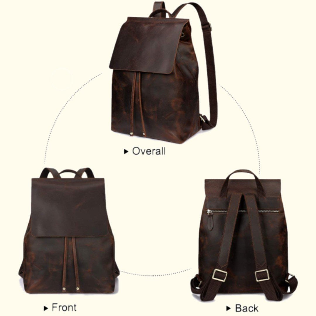 Brown leather backpack shown from different angles on a white background