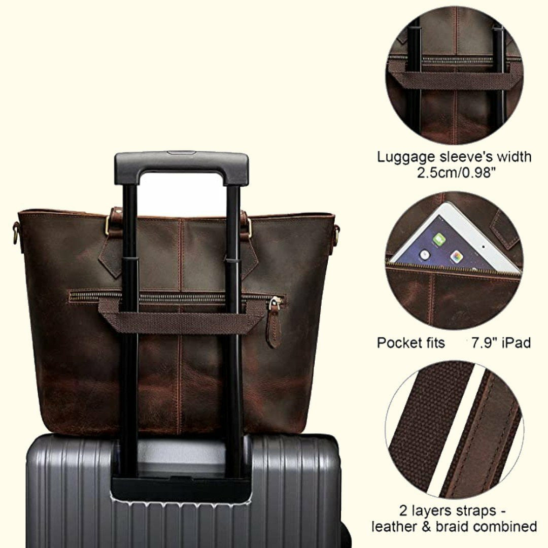 Brown leather luggage sleeve with features highlighted on a white background