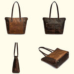 Brown leather handbag shown from multiple angles on a white background