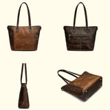 Brown leather handbag shown from multiple angles on a white background