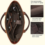 Brown leather laptop bag with features highlighted on a white background