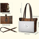Brown handbag with measurements and features highlighted on a white background