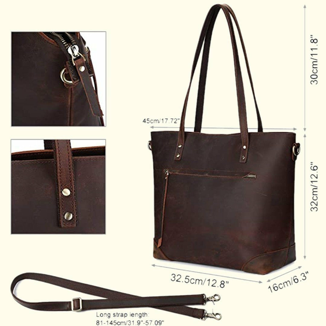 Brown leather tote bag with measurements on a white background