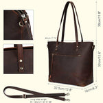 Brown leather tote bag with measurements on a white background