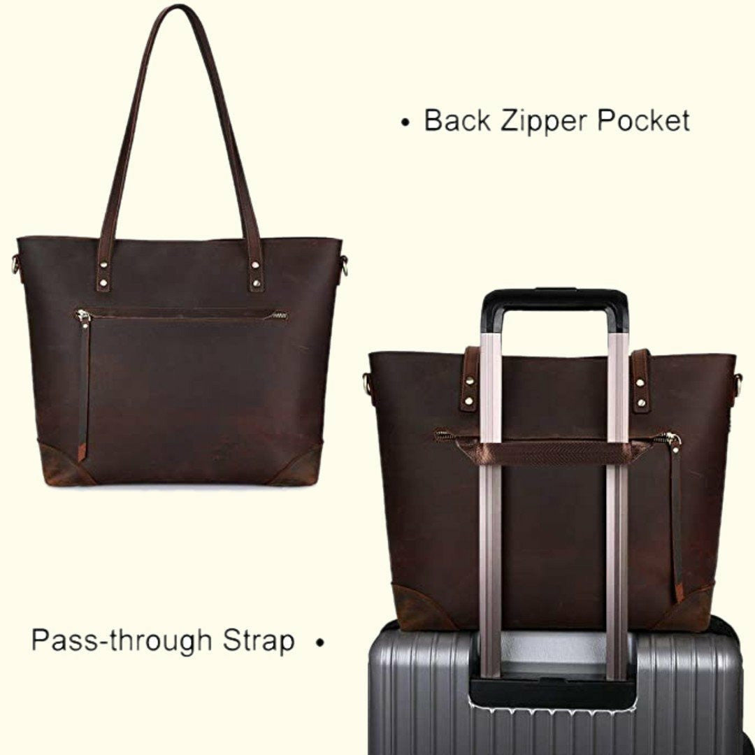Brown leather tote bag with back zipper pocket and pass-through strap, shown on a suitcase.