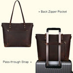 Brown leather tote bag with back zipper pocket and pass-through strap, shown on a suitcase.
