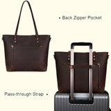 Brown leather tote bag with back zipper pocket and pass-through strap, shown on a suitcase.