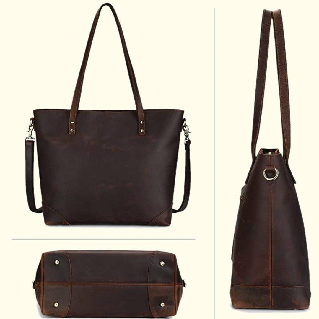 Brown leather handbag shown from multiple angles on a beige background