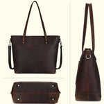 Brown leather handbag shown from multiple angles on a beige background