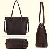 Brown leather handbag shown from multiple angles on a beige background