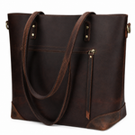 Brown leather tote bag with gold zipper on a white background