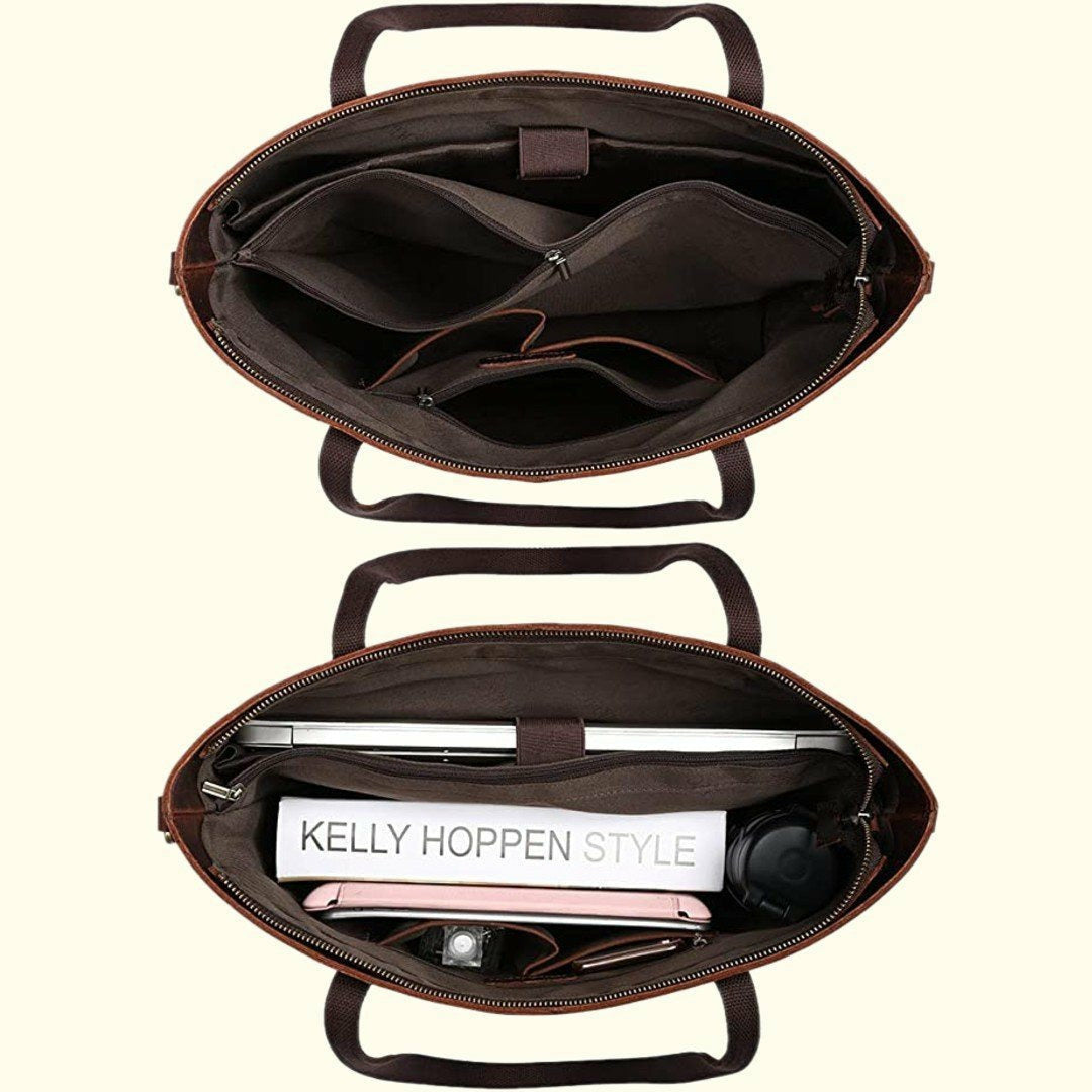Brown leather briefcase with interior compartments and a visible brand name on a white background